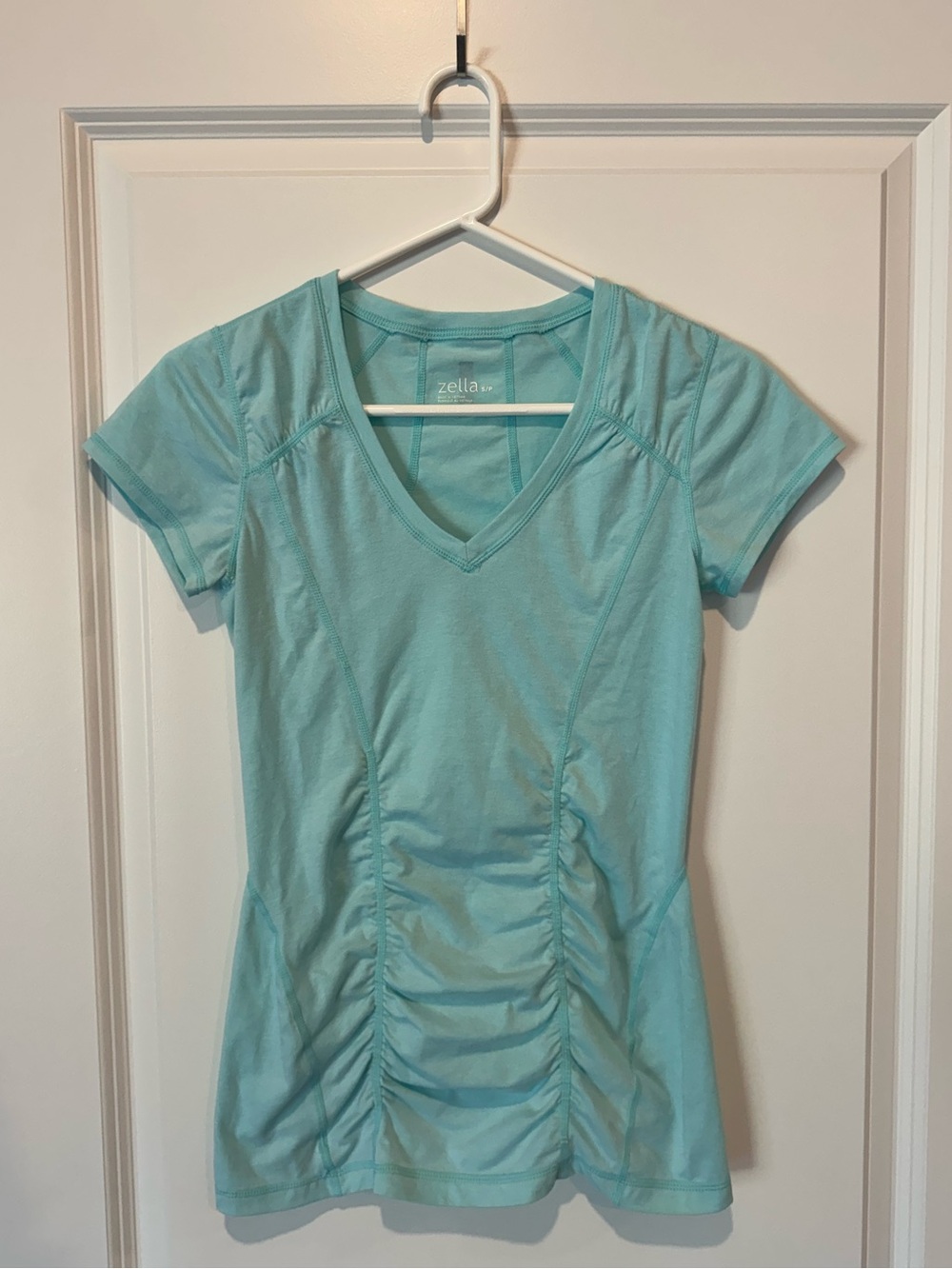 Zella Light Teal V-Neck Ruched Short Sleeve Tee